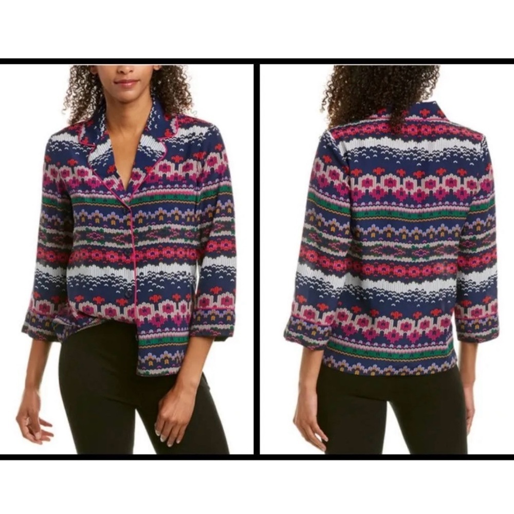 NWT TRINA TURK Ira 3 100% Silk Pajama Style Top ~ Fairisle Print small reg $145